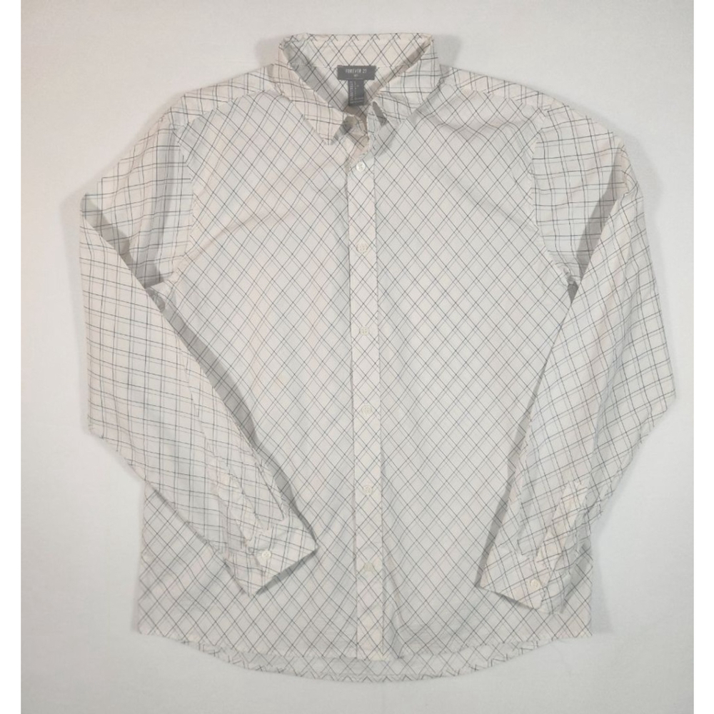 Men's FOREVER 21 White & Black Plaid Lighgweight Casual Button Down Shirt L